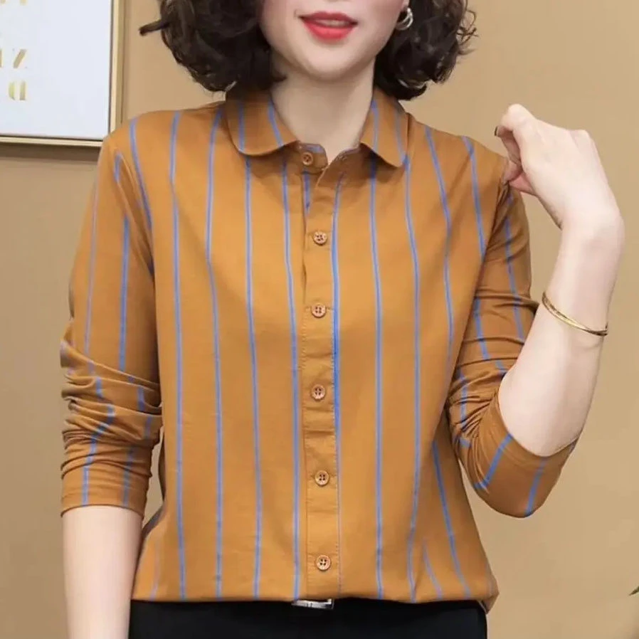 条纹女士长袖衬衫2024春装新款洋气减龄小衫中年妈妈气质打底衬衣