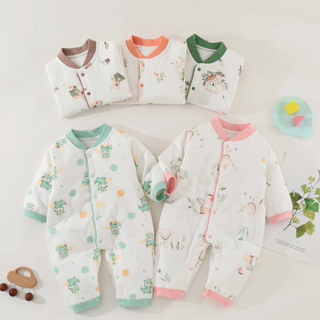 婴幼儿秋冬新款A类夹棉连体衣40克薄棉新生儿秋冬保暖长袖哈衣