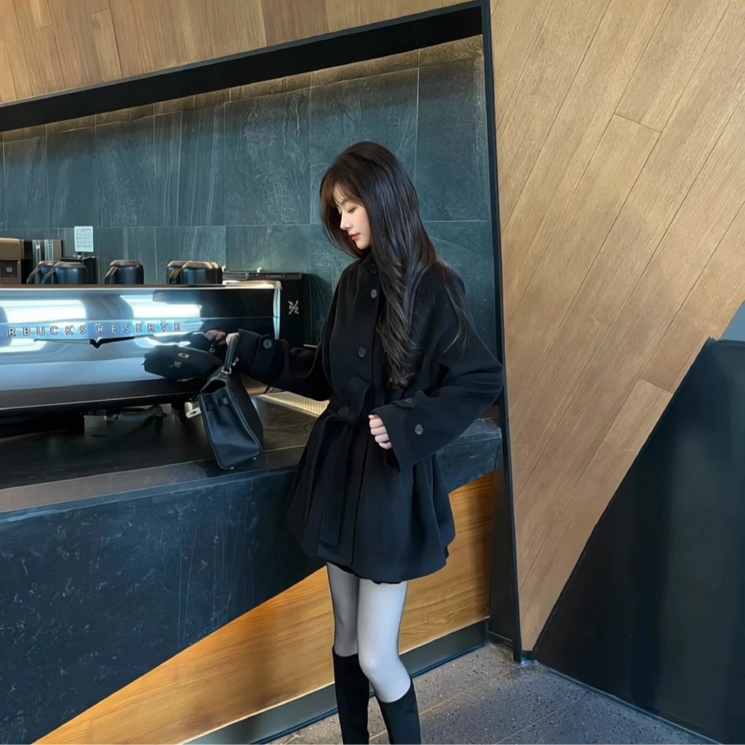 【苏苏专属】秋冬夹棉加厚毛呢外套高级设计感修身中长款大衣10045