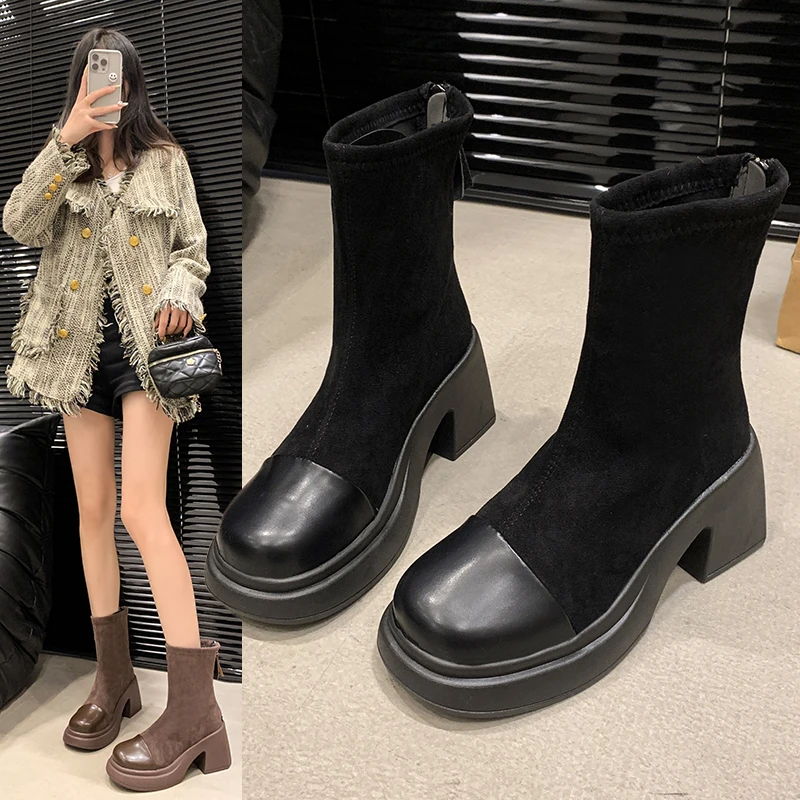 秋短靴小个子复古高跟马丁靴女春单靴2025新款秋冬季棕色厚底百搭