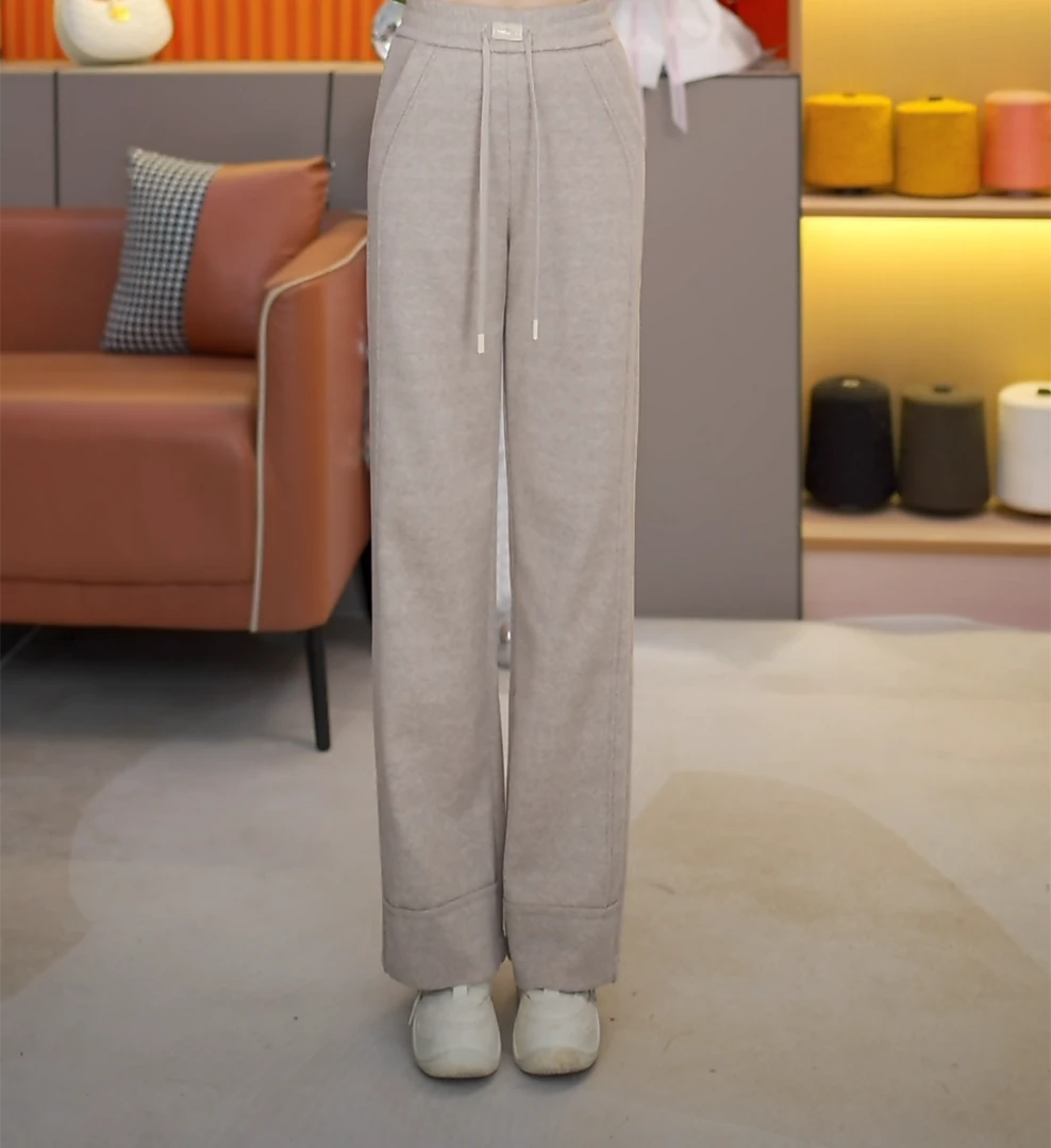 加绒加厚毛呢阔腿裤女2024秋冬季新款松紧高腰宽松休闲直筒裤子
