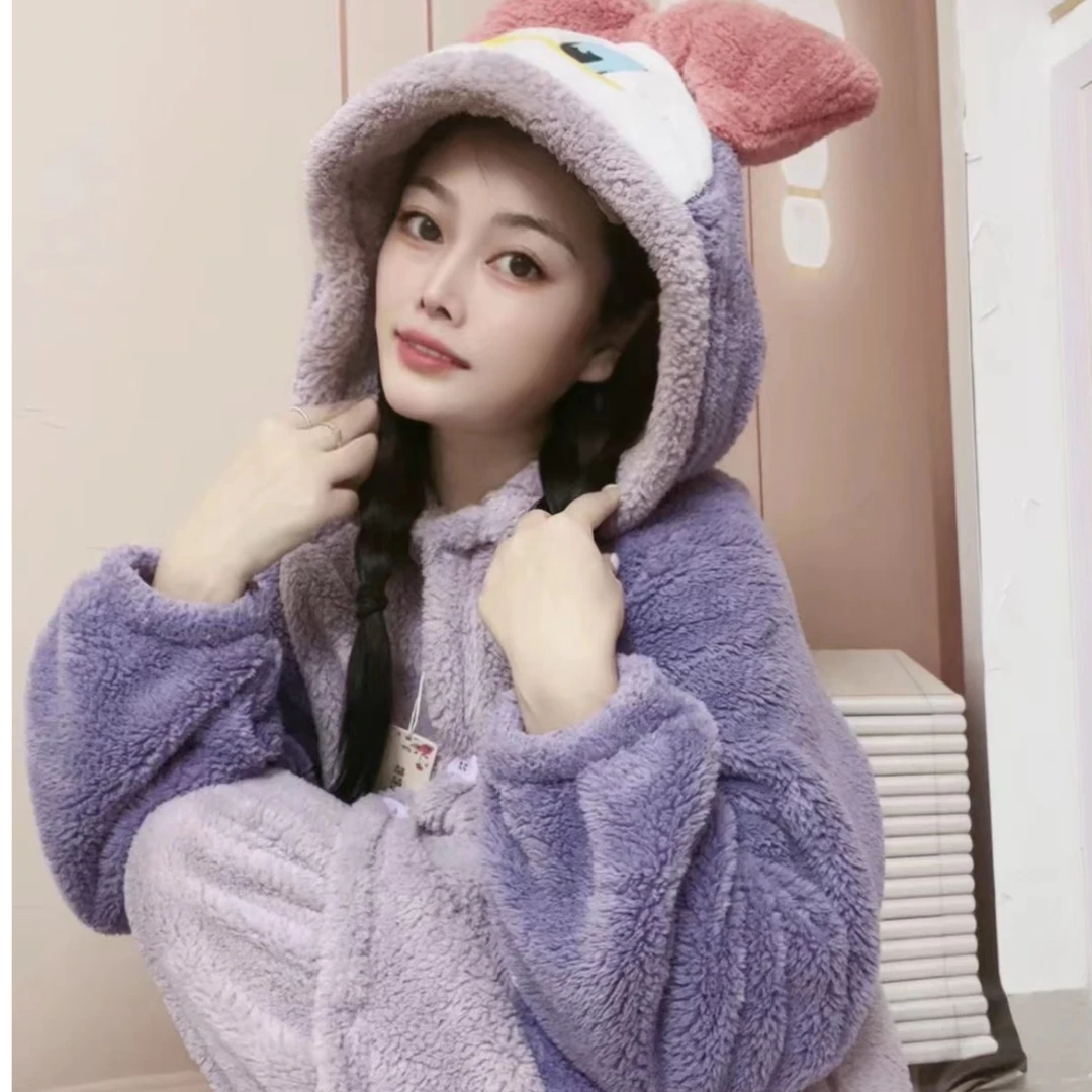 （可爱套装）2023秋冬季加绒加厚保暖宽松卡通连帽睡袍家居服