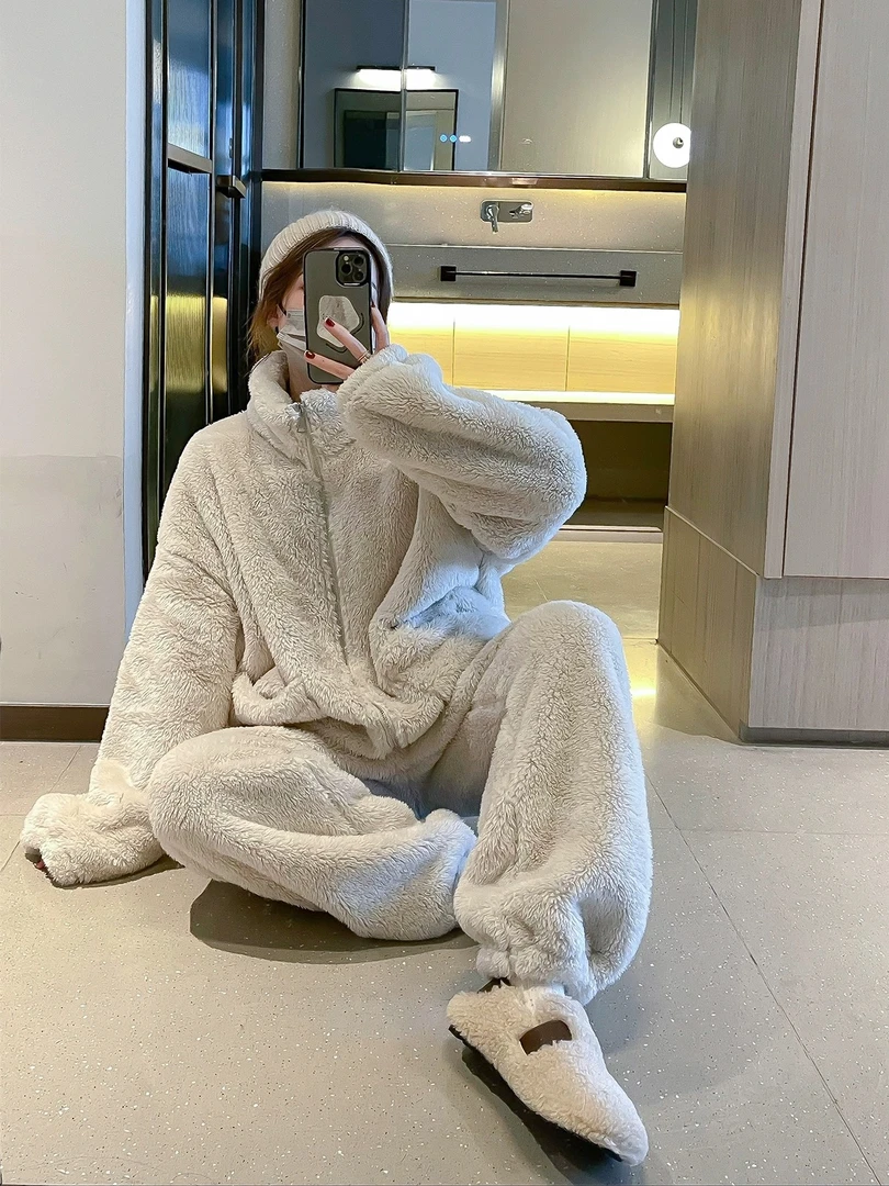 板栗小姐【】新款韩版双面北极绒套装可外穿时尚洋气套装加厚款