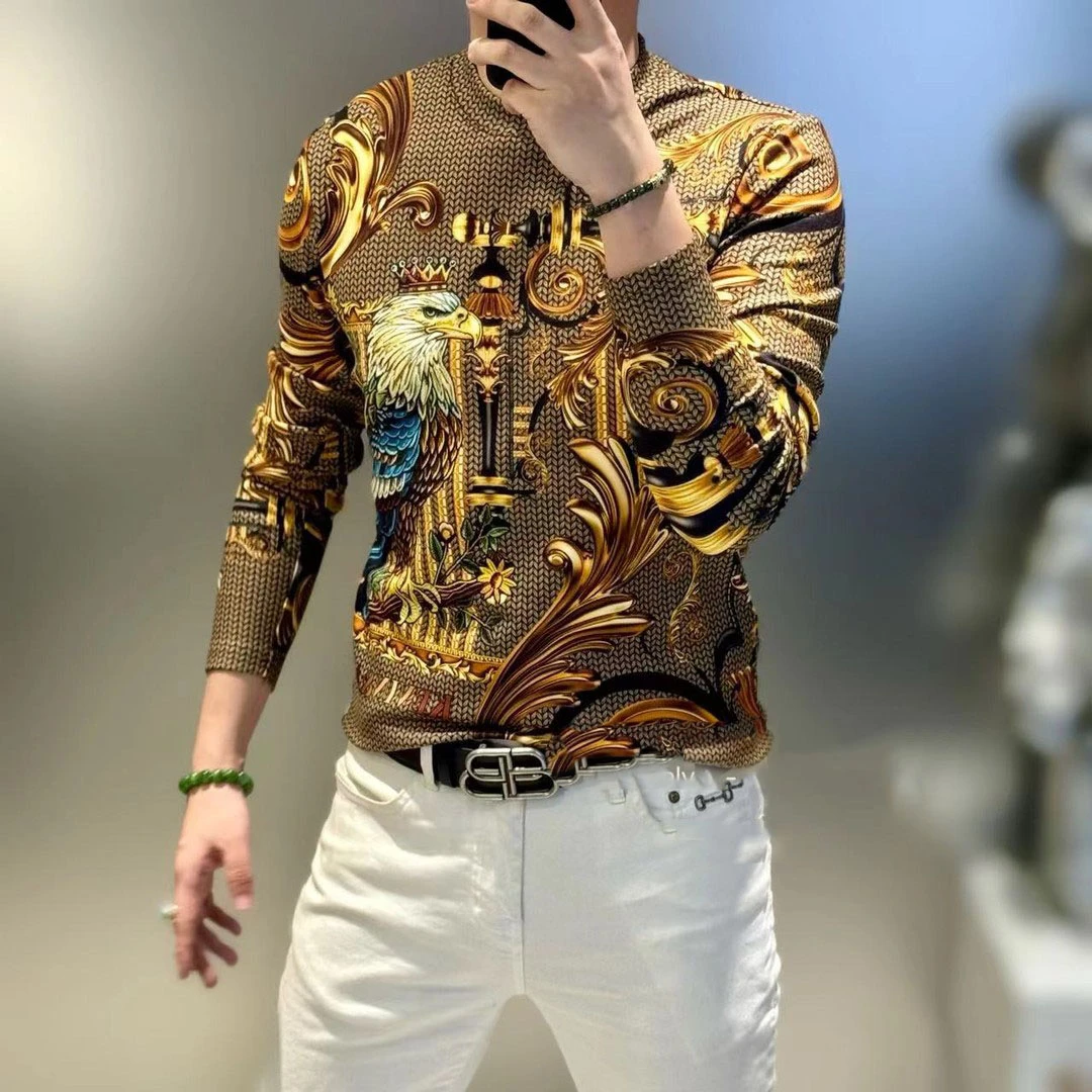 双面澳绒贵族老鹰图案新款个性高端男士时尚休闲圆领长袖T恤