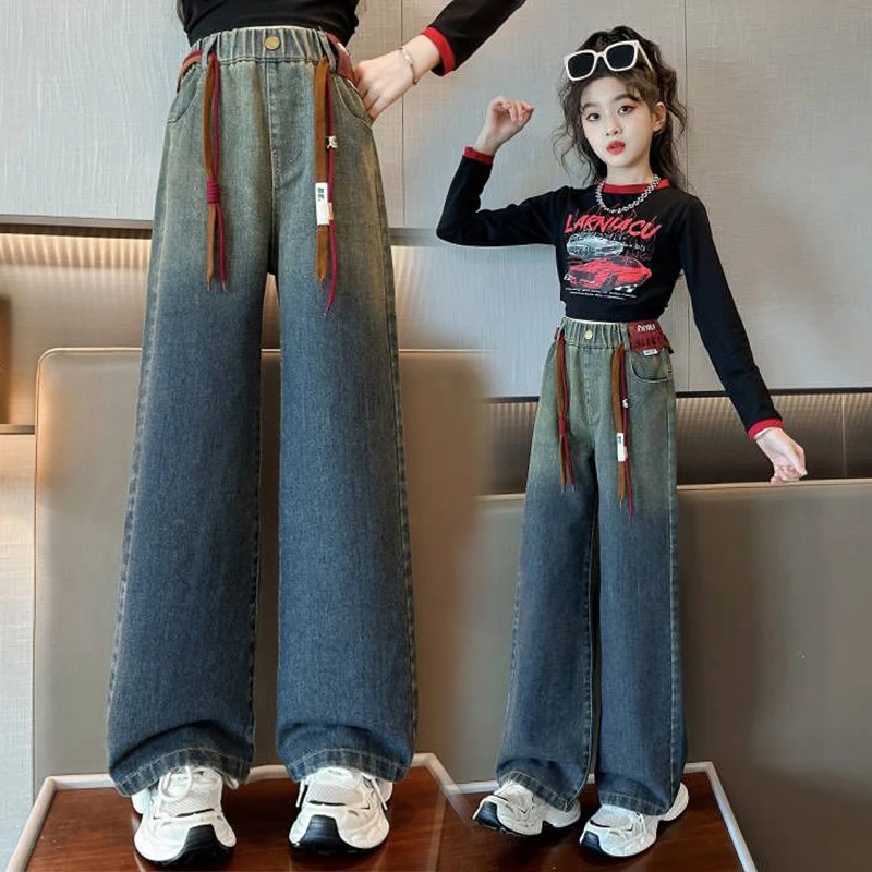 儿童牛仔裤秋季新款裤子女童阔腿裤女学生中大童直筒高腰宽松长裤