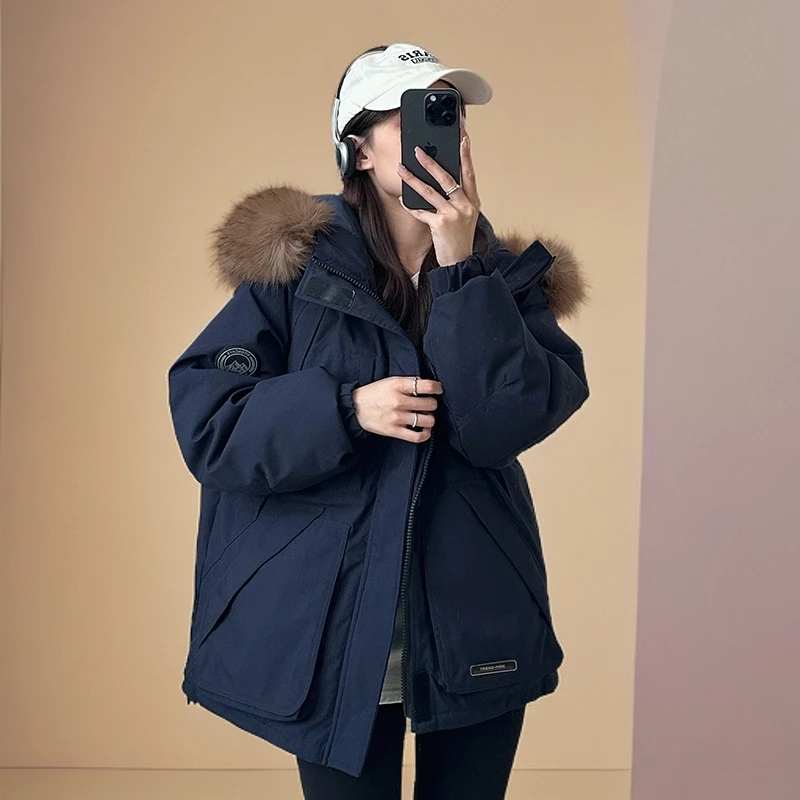 工装棉服女短款派克服2025冬季小个子精致韩版棉衣百搭大毛领外套