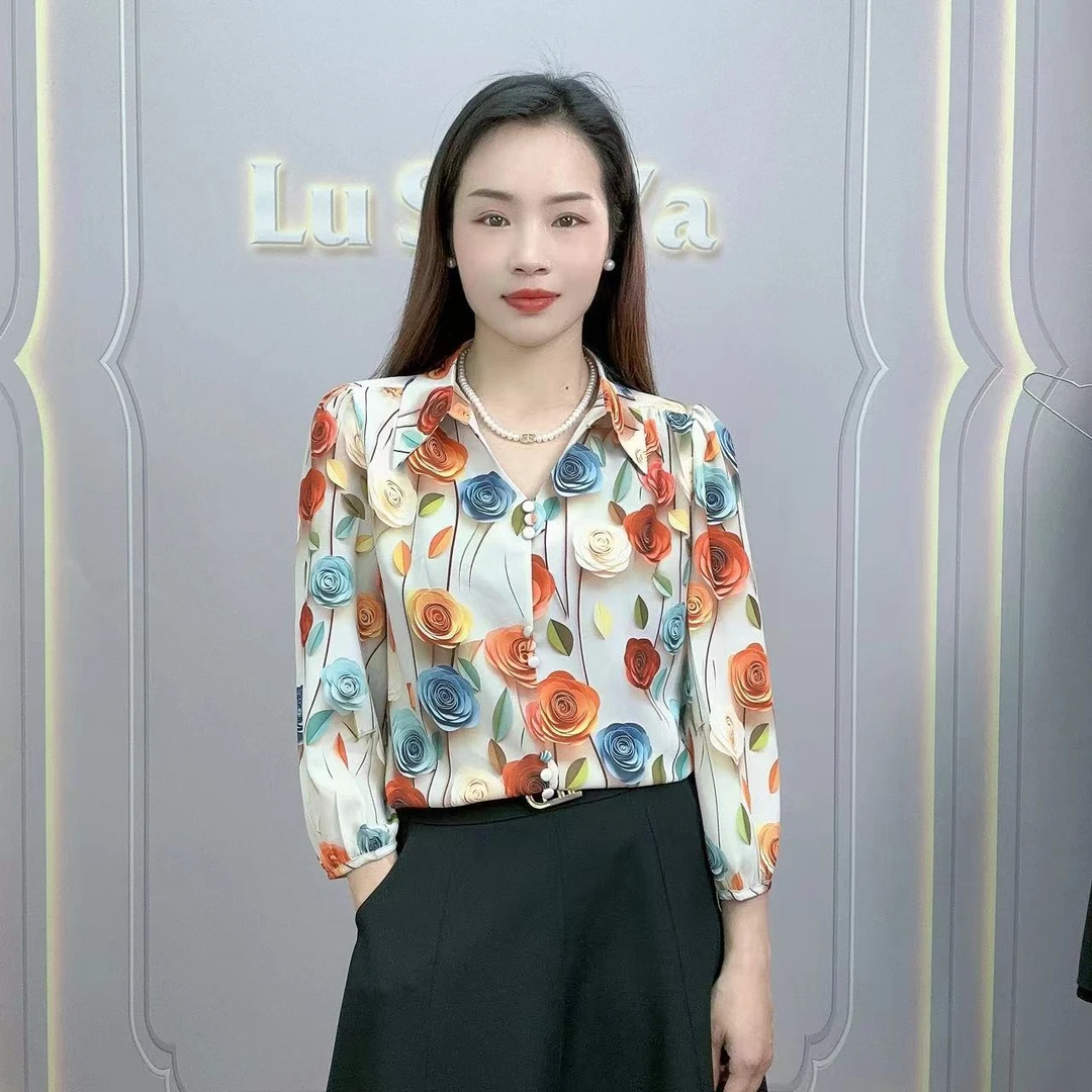 夏季新款玫瑰花上衣2024洋气百搭七分袖衬衫时尚减龄显瘦衬衣女