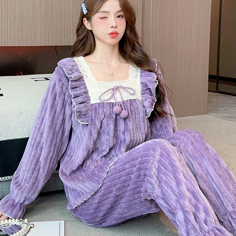 【法兰绒】小香风睡衣女冬季加厚保暖方领加绒珊瑚绒甜美家居服套装