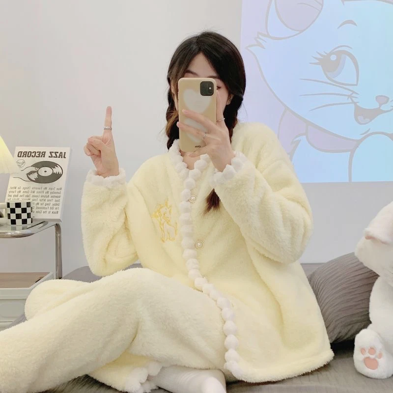 公主风珊瑚绒睡衣女秋冬长袖加绒保暖加厚法兰绒高级感家居服套装