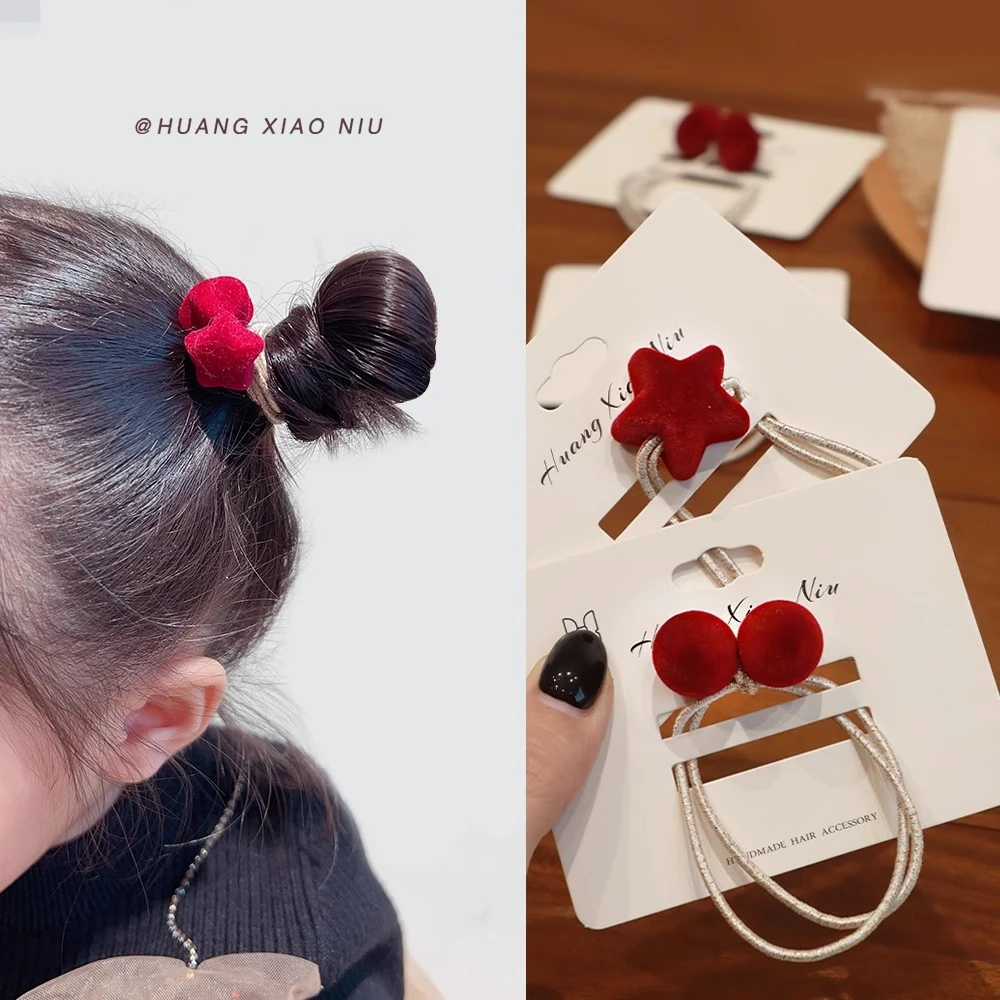 【盛鑫日用】 儿童红色发绳丝绒喜庆星星爱心头绳小女孩扎头发皮筋