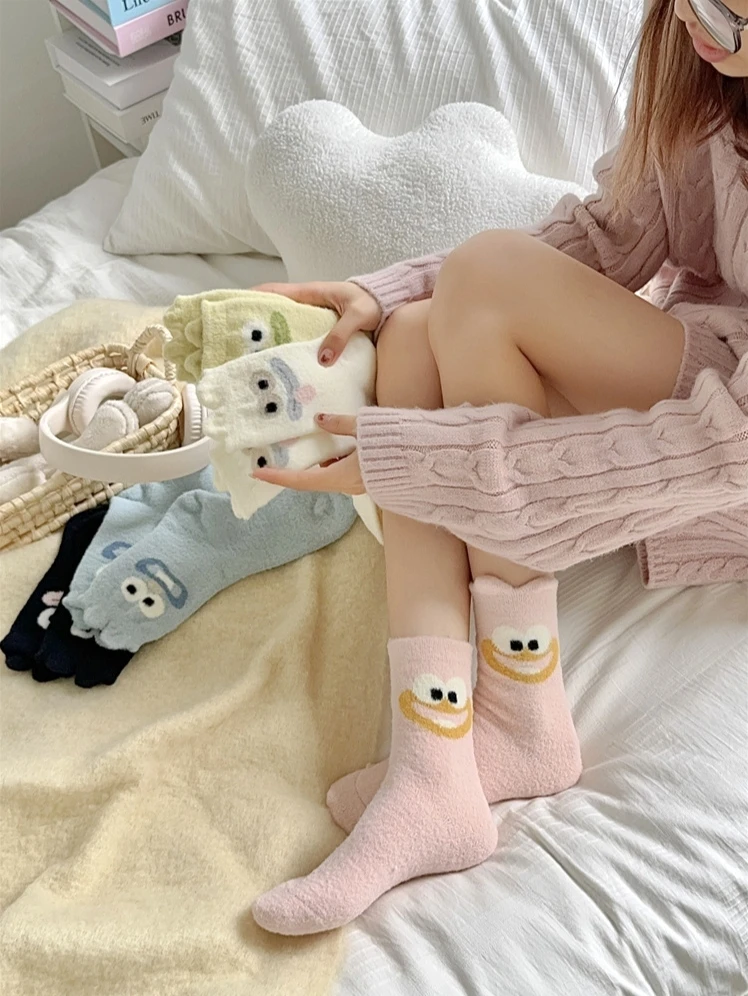 绒绒笑脸4180加厚保暖袜子女秋冬搞怪加绒甜美卡通珊瑚绒女袜