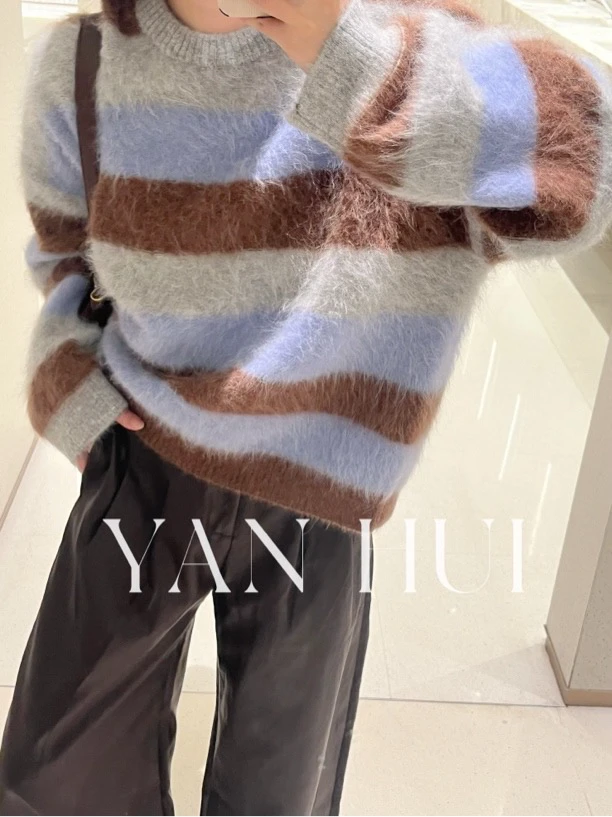 【羊驼毛套头】秋冬百搭宽松条纹慵懒风圆领韩版撞色长袖针织衫