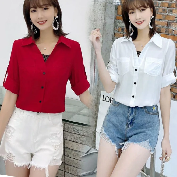 早秋衬衫女2022秋季新款韩版修身蕾丝拼接小心机V领白色长袖衬衣