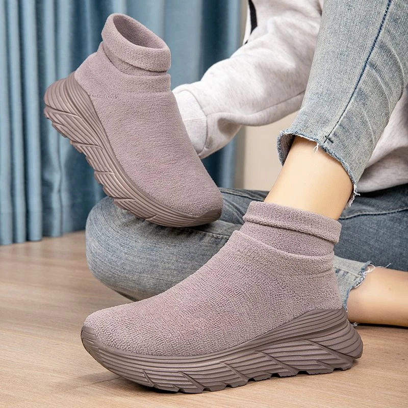 清仓走路鞋高帮鞋女秋季袜子鞋轻便超仙软底一脚蹬增高运动休闲鞋