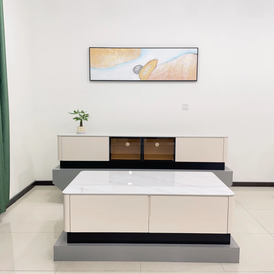 C03#简约客厅家用新款落地款全实木岩板储物茶几电视柜意式组合