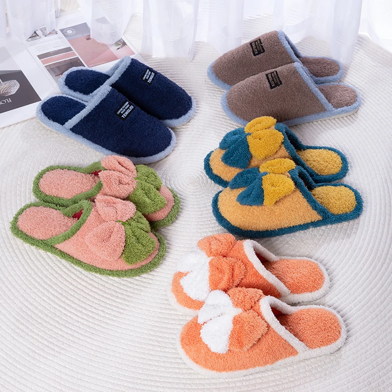 网红款蝴蝶结棉拖鞋女冬季室内毛绒家居软底地板拖女士月子拖鞋