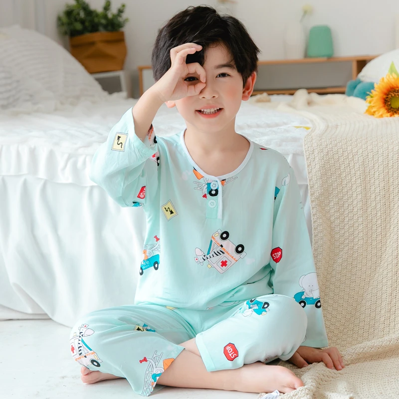清仓绵绸-夏季男童女童棉绸睡衣套装宝宝夏天儿童空调家居服小孩