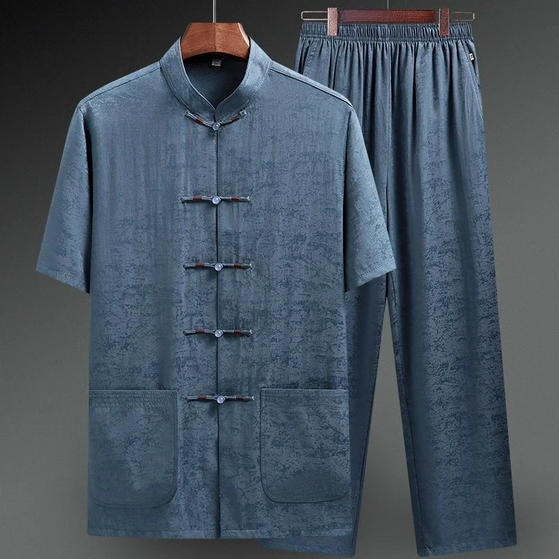 老年人短袖唐装男中老年男士套装大码中式爷爷祝寿服爸爸夏季上衣