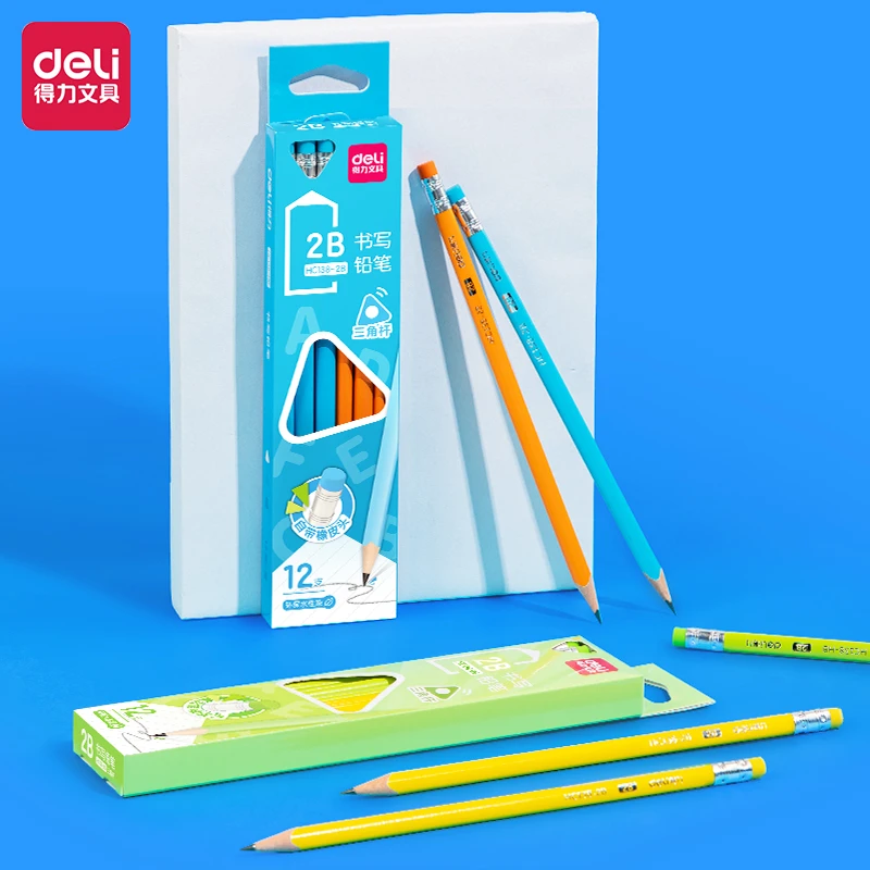 Deli/得力儿童彩色橡皮头铅笔小学生专用文具HB/2B书写学姿三角杆