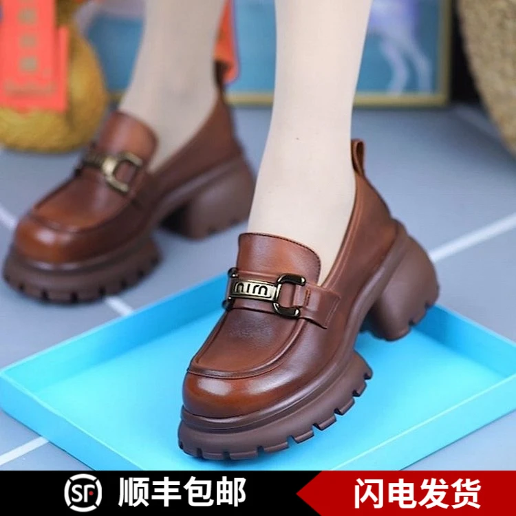 新款复古英伦皮鞋女厚底单鞋女增高轻便软底舒适一脚蹬乐福鞋