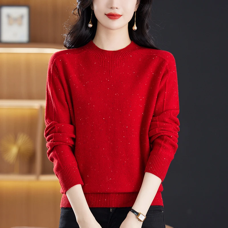 胖mm秋冬洋气时尚红色毛衣大码纯羊毛针织衫女宽松内搭高档打底衫