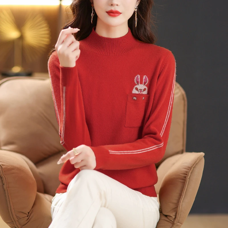 胖妹妹秋冬羊毛衫女100纯羊毛宽松大码兔年本命年红色毛衣打底衫