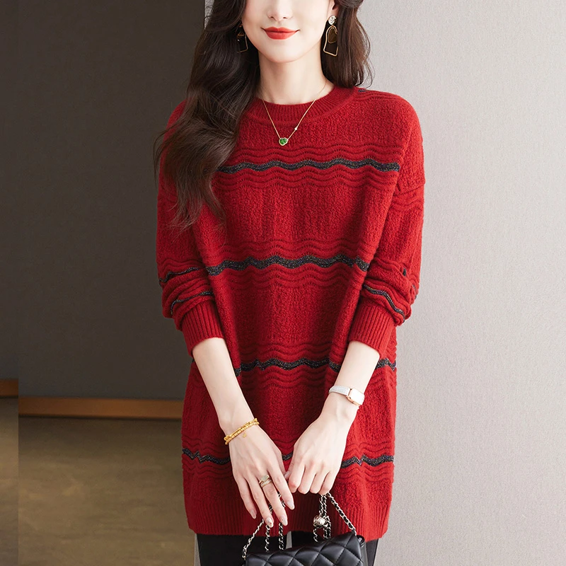 红色毛衣秋冬大码中长款打底衫女款爆款2024新款显瘦条纹针织上衣