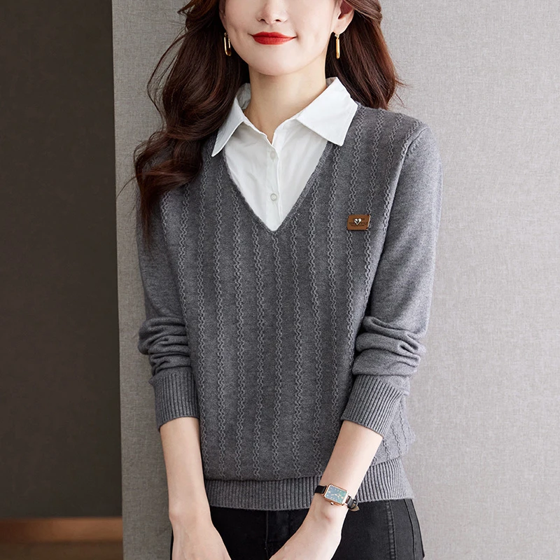 胖mm秋冬大码宽松女士假两件毛衣遮肚子显瘦洋气衬衫领针织打底衫