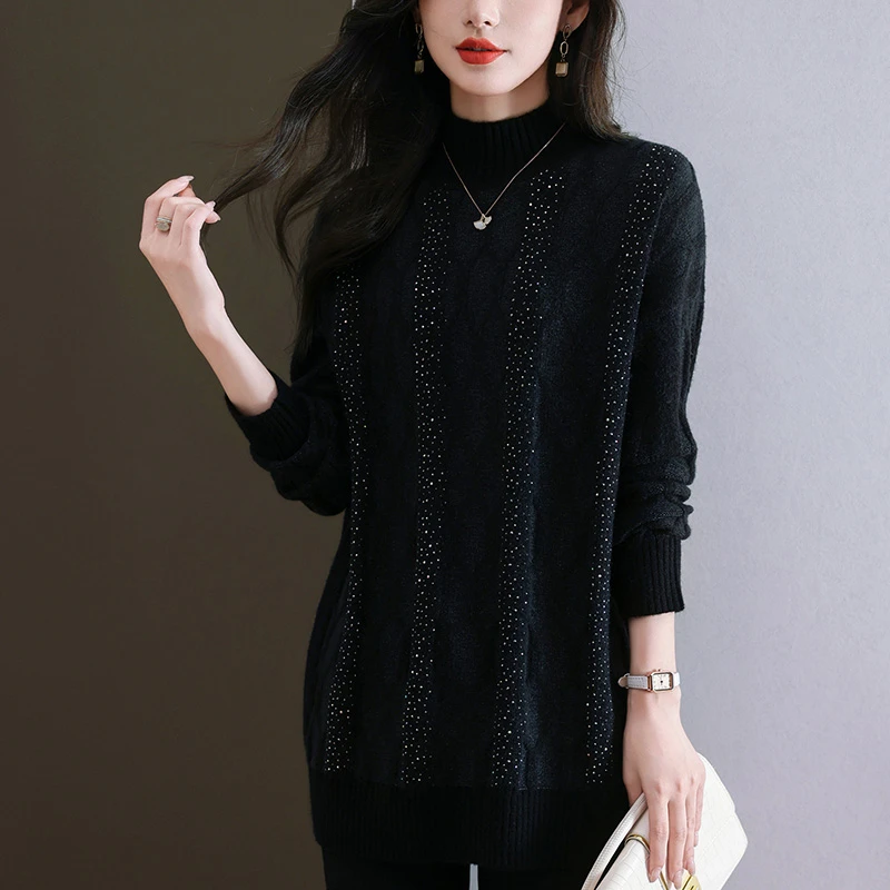 大码女装秋冬加肥加大半高领毛衣宽松显瘦慵懒风中长款针织打底衫