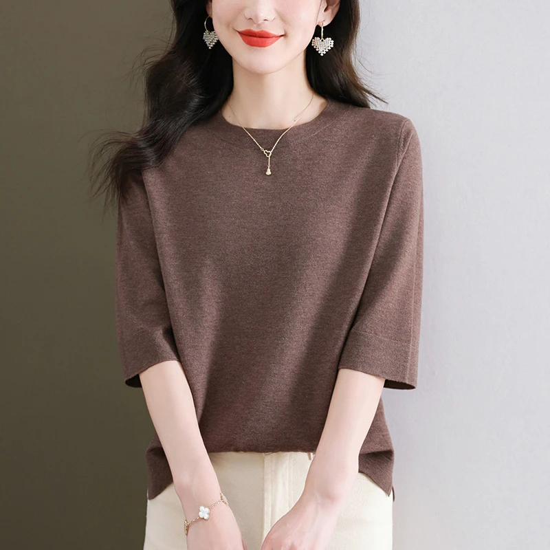 中袖打底衫女春夏2025新款针织上衣宽松遮肚子显瘦大码七分袖T恤