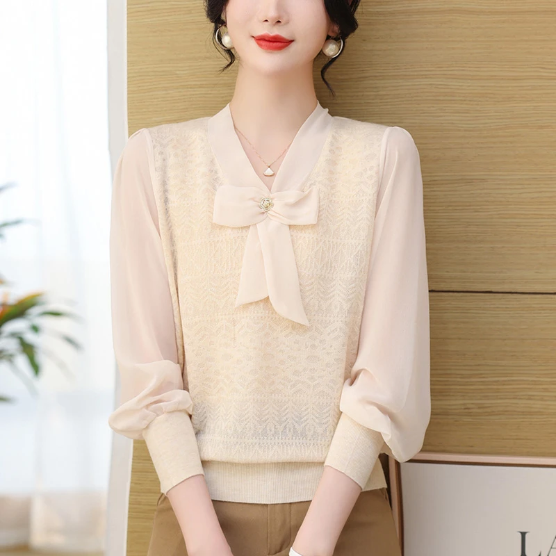 蝴蝶结上衣女春秋大码显瘦V领冰丝针织衫宽松洋气别致蕾丝打底衫
