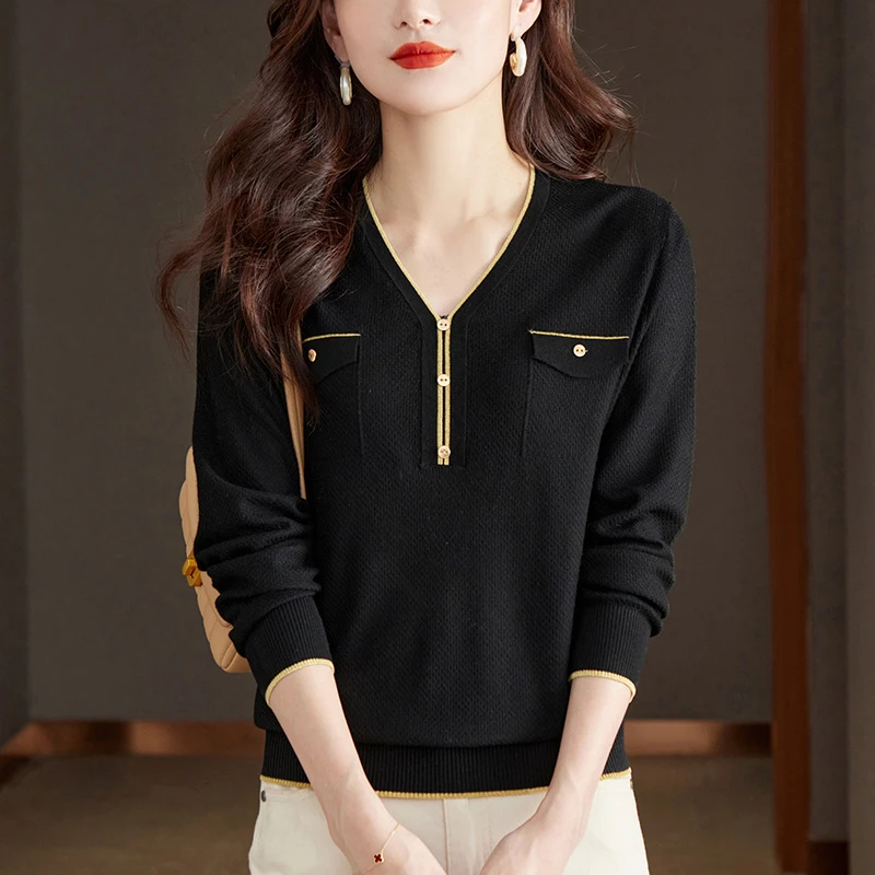 胖mm春秋大码V领针织衫女遮肚子显瘦上衣200斤宽松薄款洋气打底衫