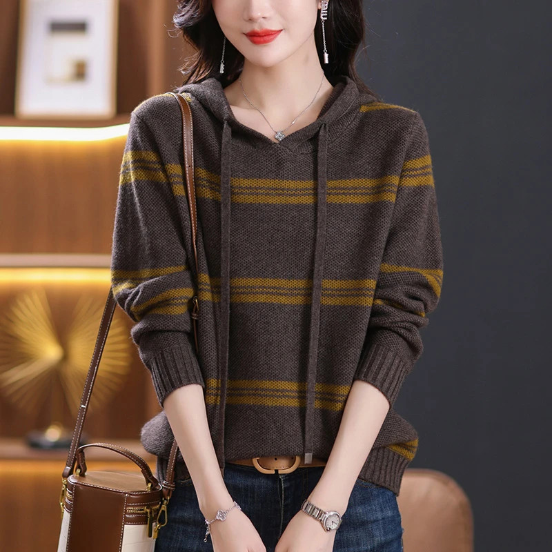 胖mm秋冬大码条纹毛衣连帽针织衫女宽松显瘦遮肉洋气打底衫200斤