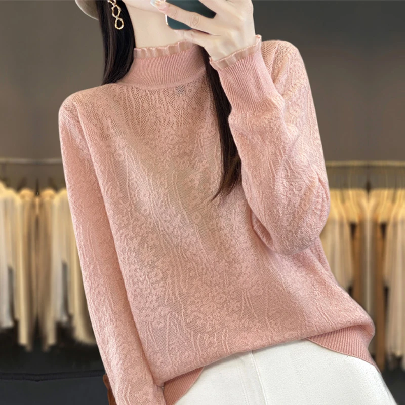 春秋大码长袖针织上衣女士宽松显瘦半高领毛衣时尚洋气蕾丝打底衫