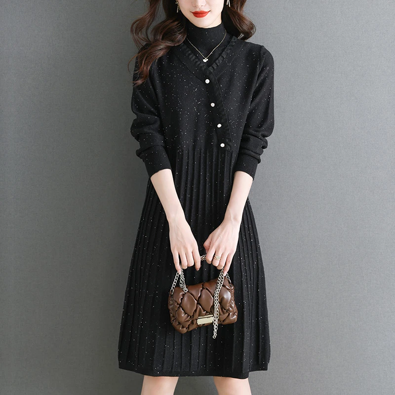 洋气微胖女装秋冬大码中长款连衣裙宽松遮肚子显瘦半高领针织裙子