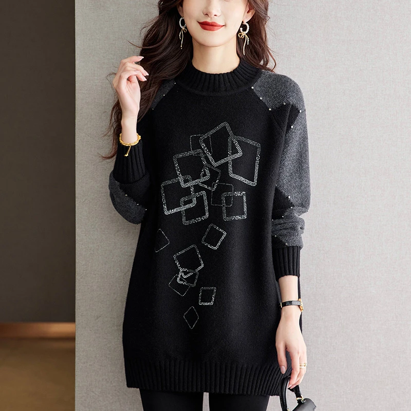 大码拼色毛衣女士秋冬加肥加大半高领针织衫显瘦洋气中长款打底衫