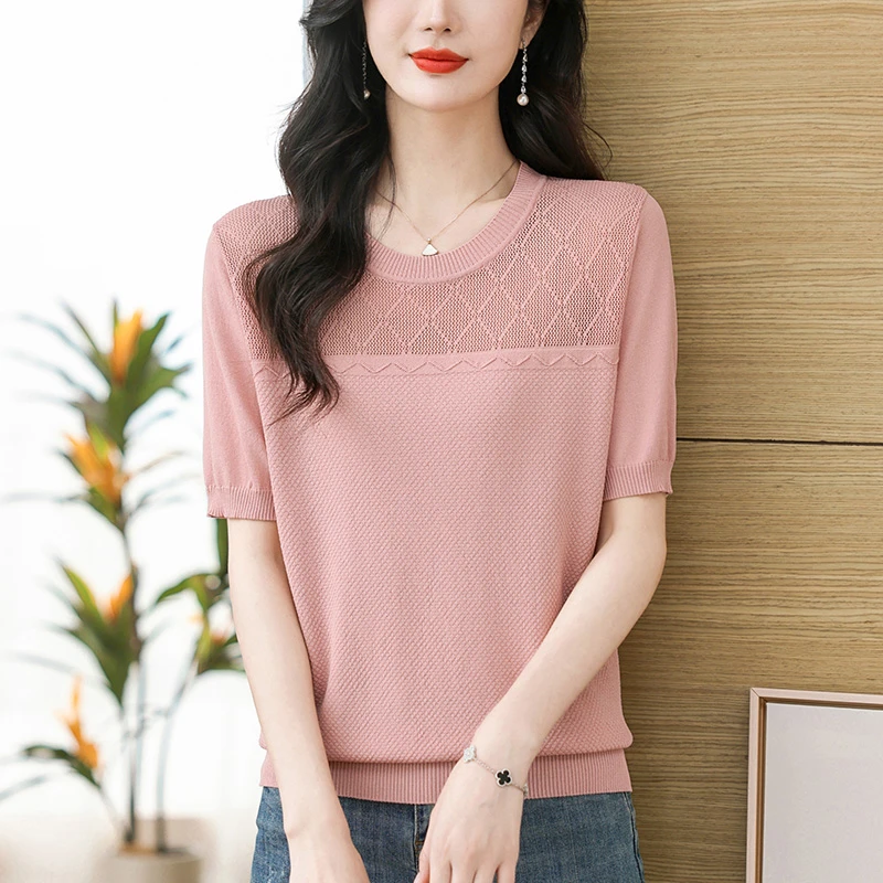 薄款镂空大码遮肚子显瘦上衣女胖mm夏装2024新款宽松冰丝短袖T恤