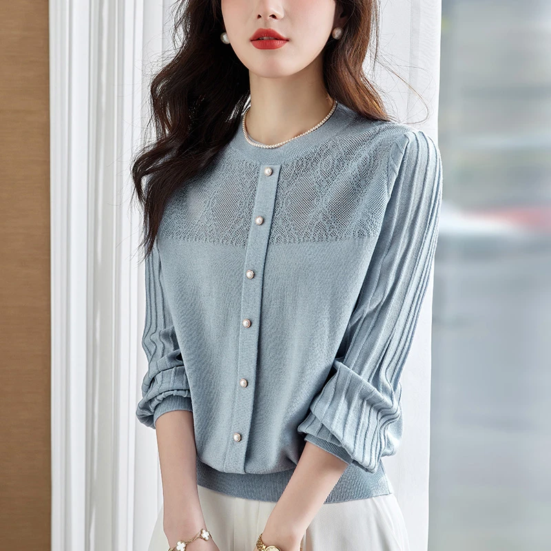 春装2024新款大码高级感上衣女宽松遮肚子显瘦春秋镂空针织打底衫