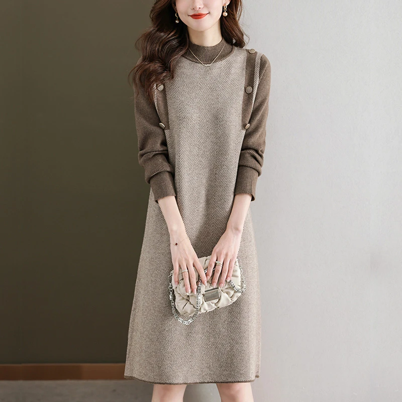 洋气微胖女装秋冬半高领针织连衣裙女宽松中长款气质显瘦打底裙子