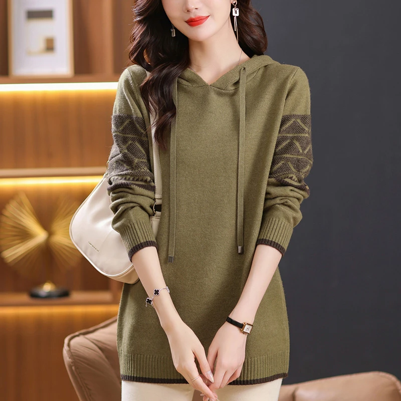 胖mm秋冬大码连帽针织衫女宽松200斤遮肚子显瘦毛衣中长款打底衫