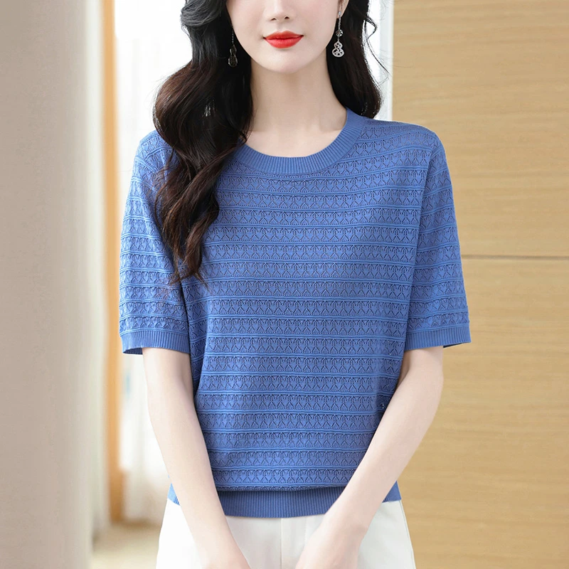 夏装大码冰丝针织衫宽松洋气蓝色上衣女胖mm遮肉显瘦镂空短袖T恤