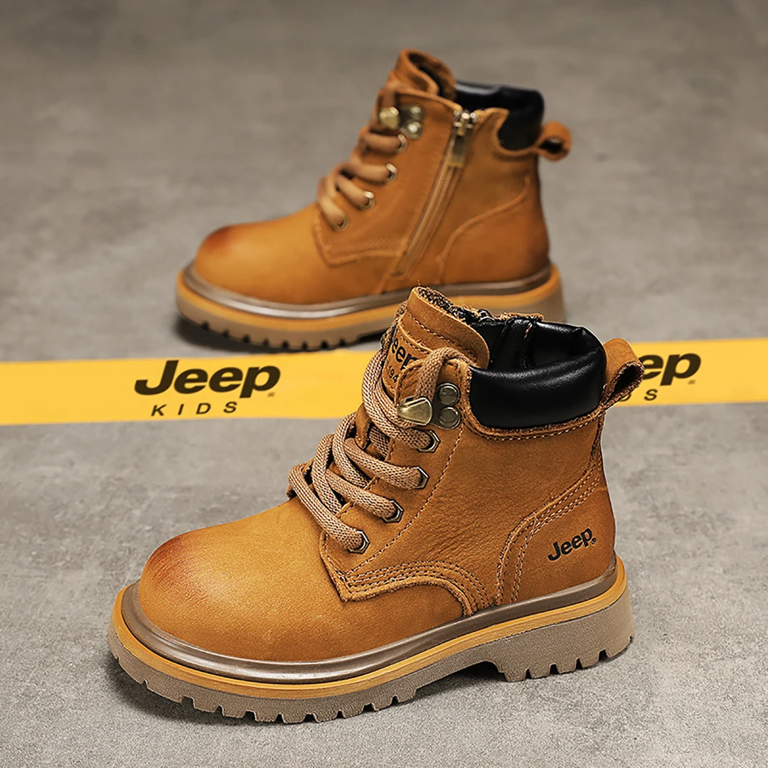jeep儿童马丁靴男童大黄靴2025新款秋冬款英伦风皮靴户外加绒棉靴