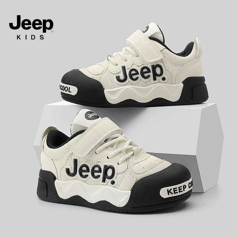 jeep童鞋男童板鞋秋季防滑户外儿童皮面小白鞋女童低帮休闲运动鞋