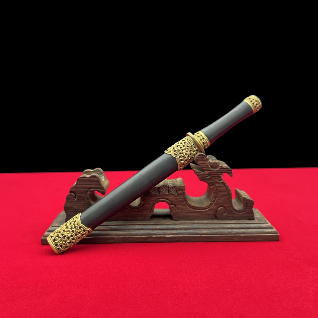 龙泉沈广隆-迷你小龙泉 乾坤刃黄铜 黑檀木 花纹钢手工锻打未开刃