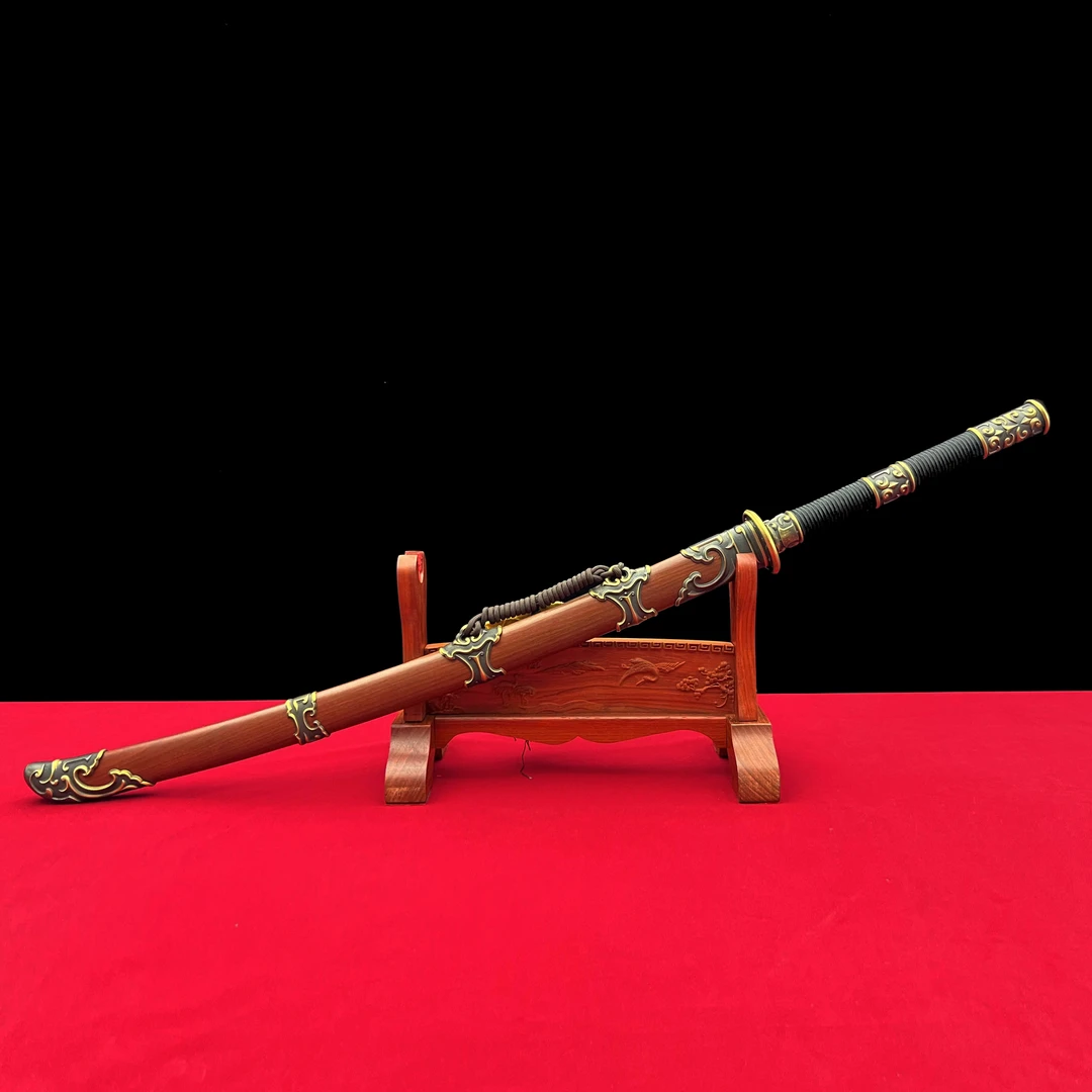 龙泉沈广隆-闪电明刀 黄铜 龙凤檀 花纹钢手工锻打 戚家刀 未开刃