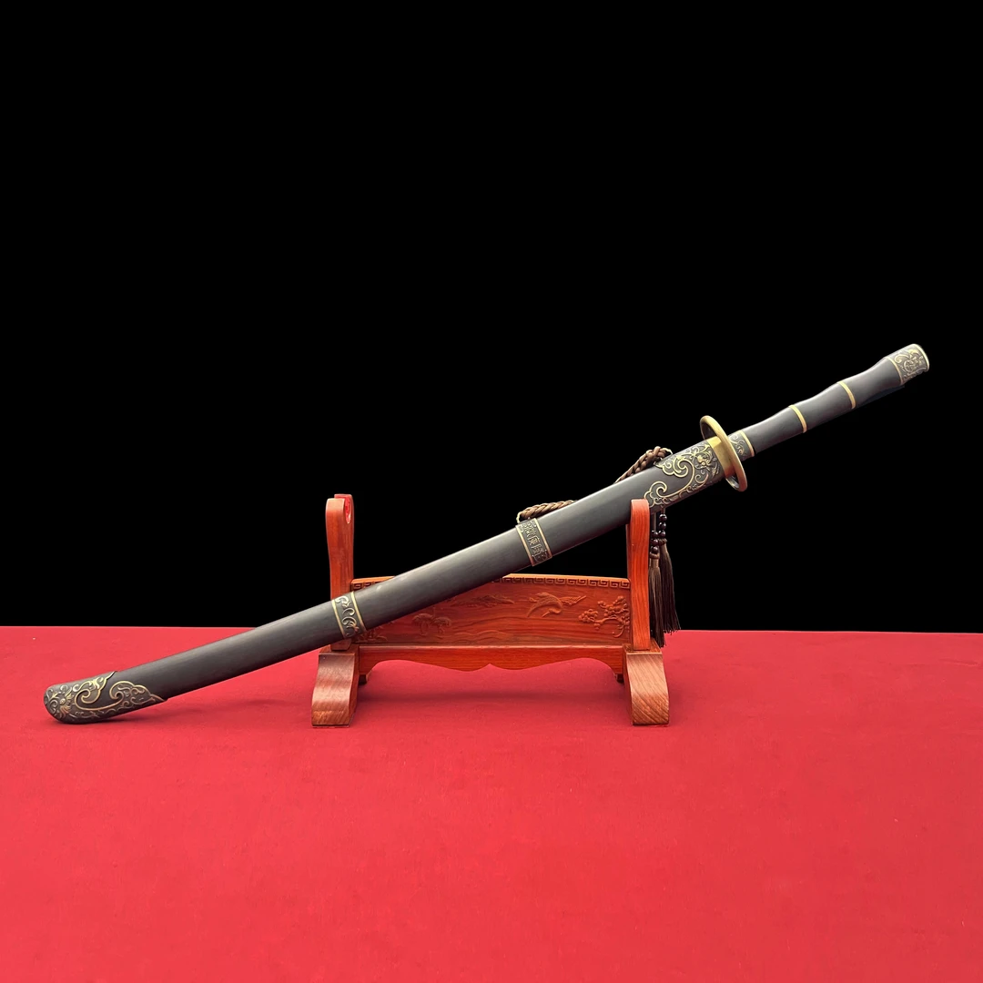 龙泉沈广隆-弘治明刀 黑檀木 花纹钢 手工 宝剑 未开刃