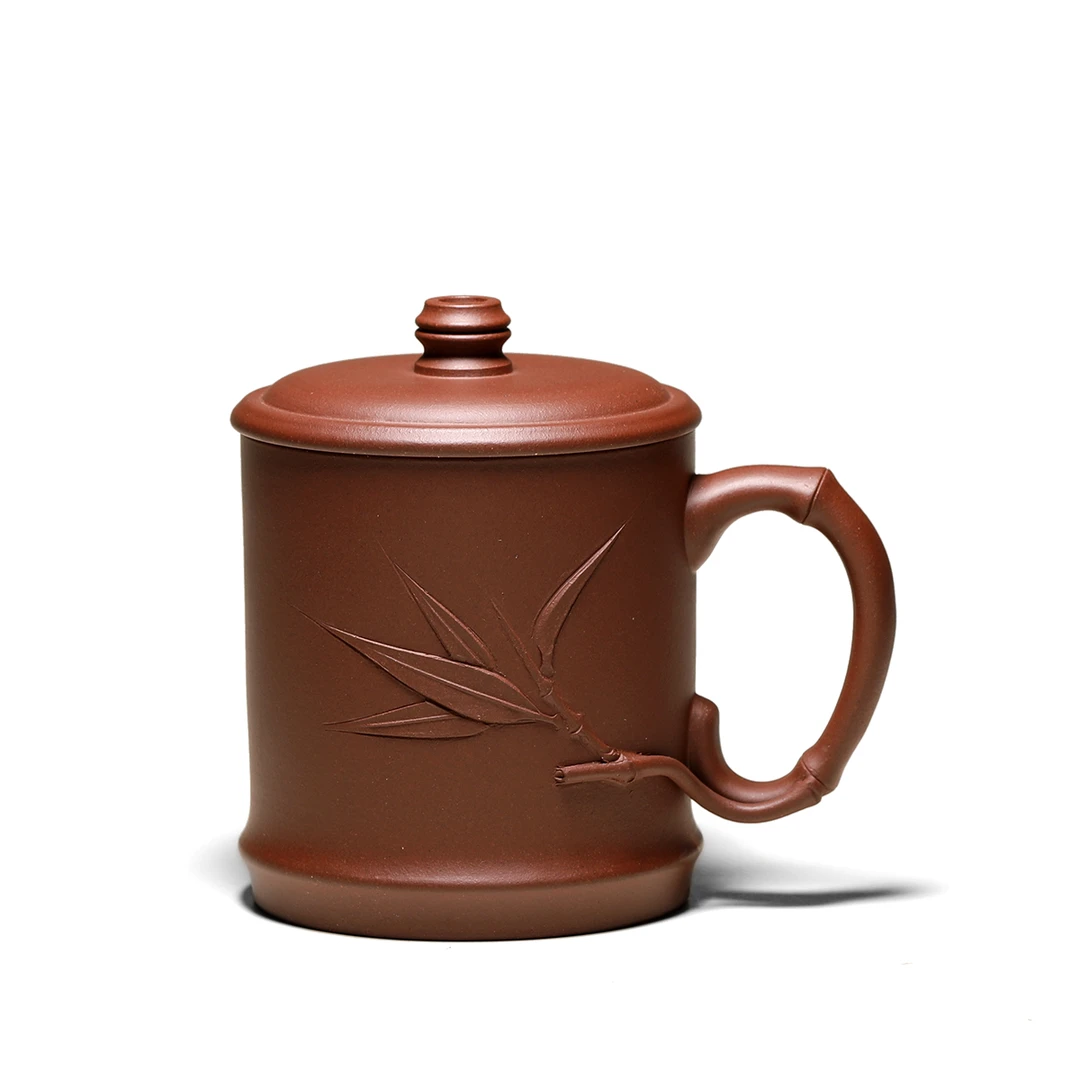 宜兴紫砂纯手工 竹报平安 盖杯 原矿紫泥 320cc 高端茶杯