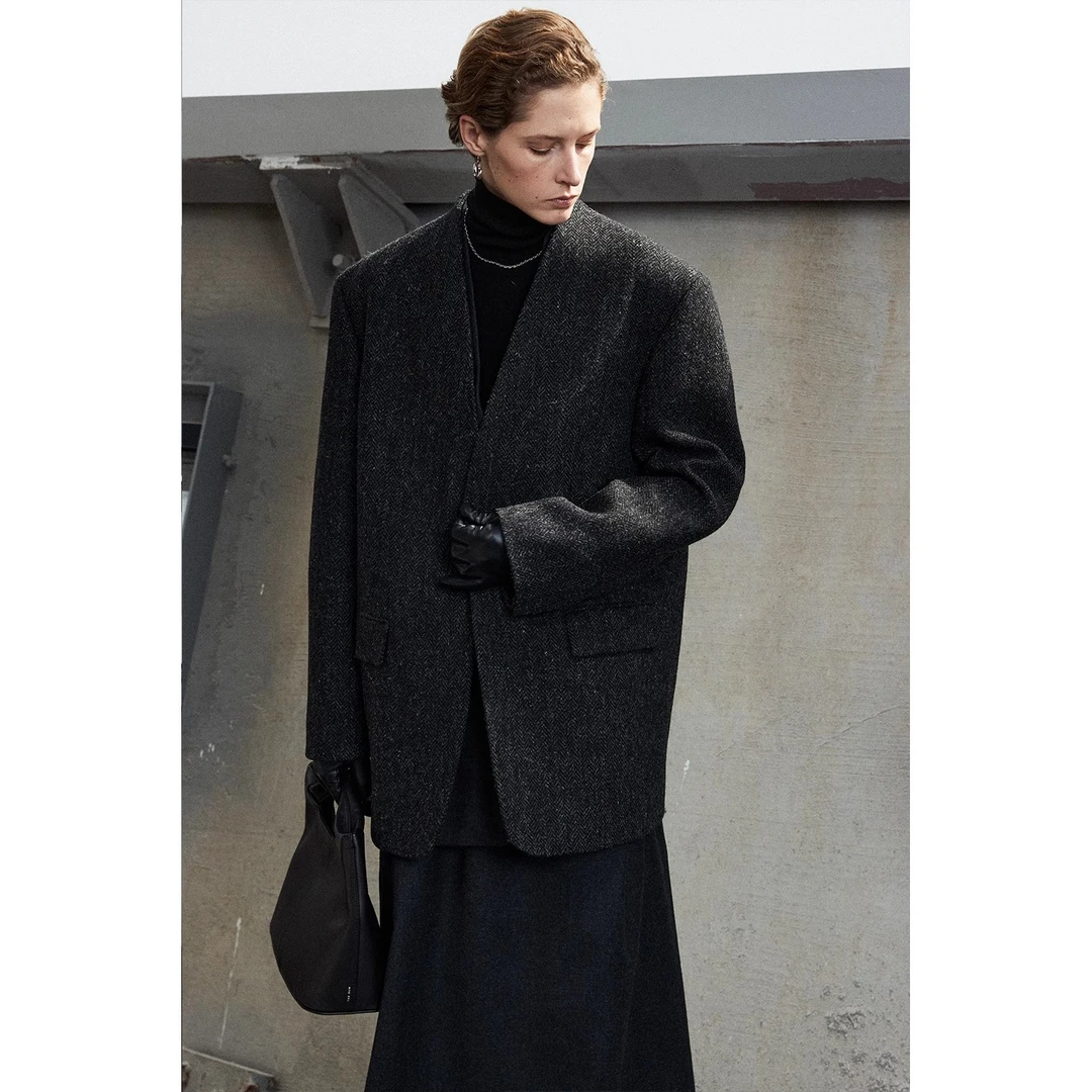 MRS Studios英国Harris复古利落ROW风宽松长款極简无领西装外套