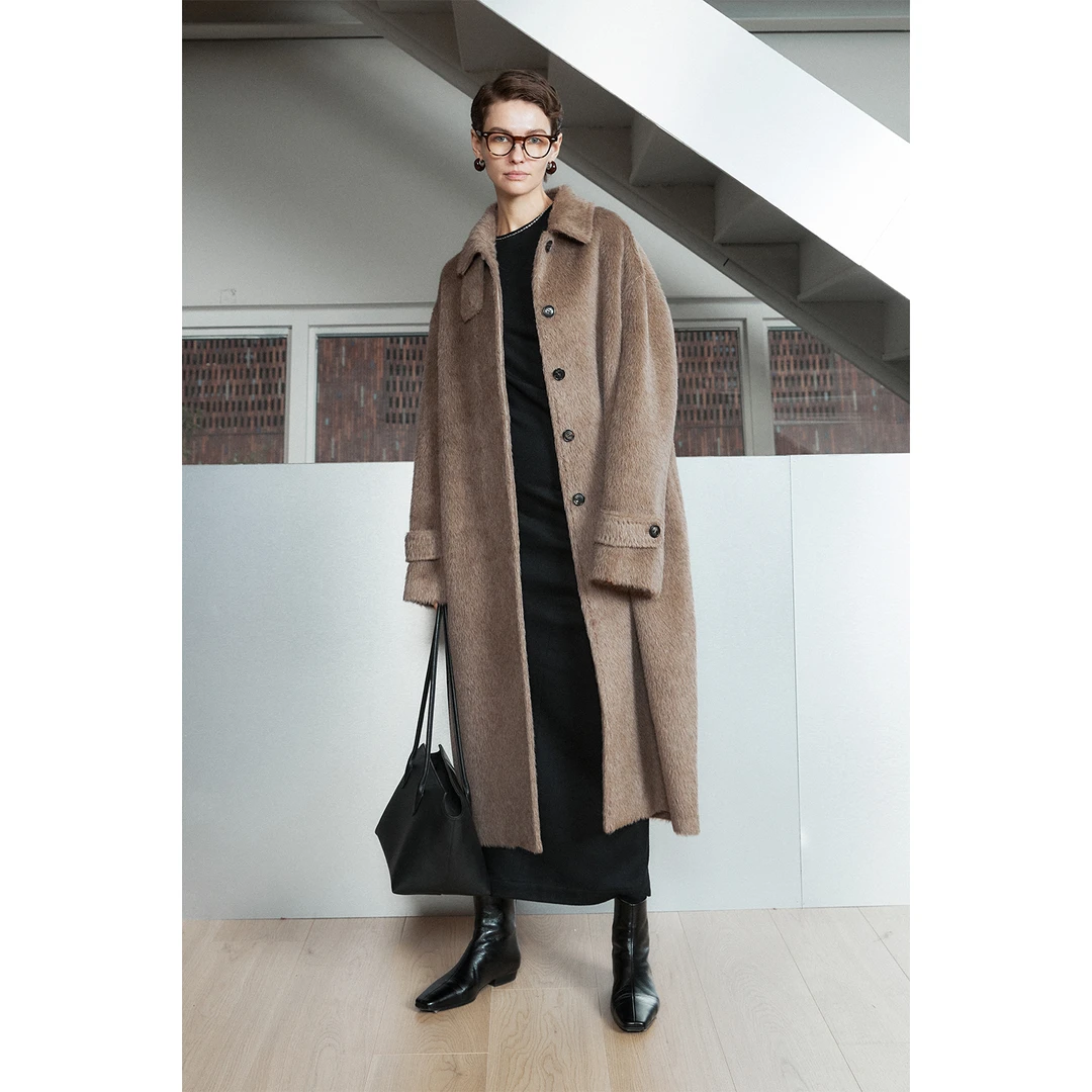MRS Studios意大利进口羊驼毛clara-longer廓形单排扣长款大衣