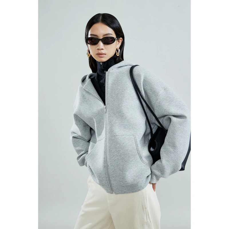 MRS Studios新品 MIU风立体挺阔 空气层夹克连帽宽松拉链卫衣灰色